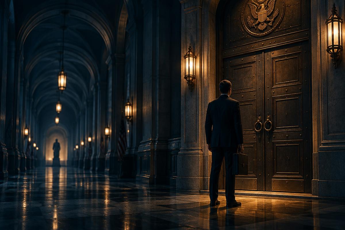 A lone executive facing a closed government building door