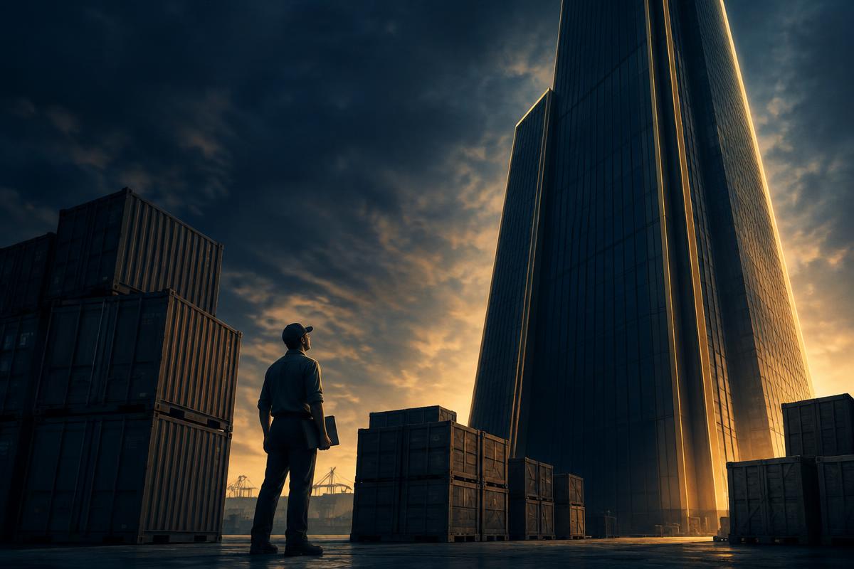 A small contractor dwarfed by a towering prime contractor headquarters