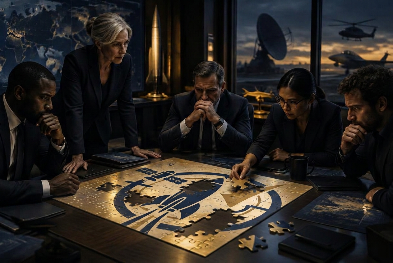 Executives around a table with mismatched puzzle pieces