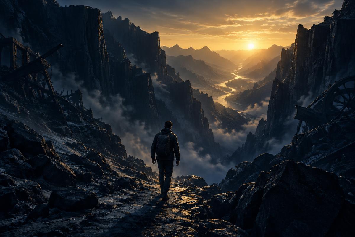 A founder walking through a dark valley toward a distant sunrise
