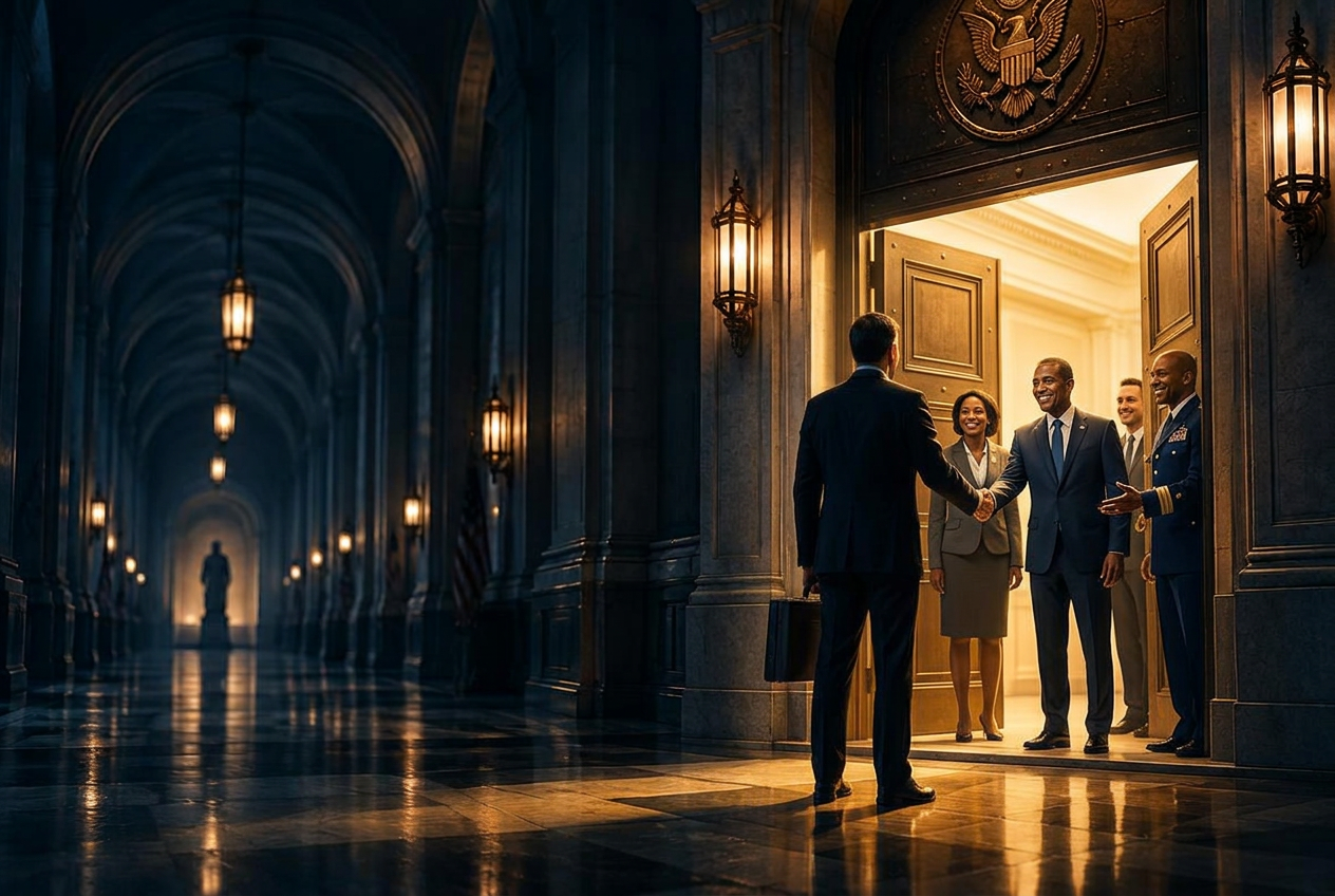 Government buyers welcoming an executive through an open door