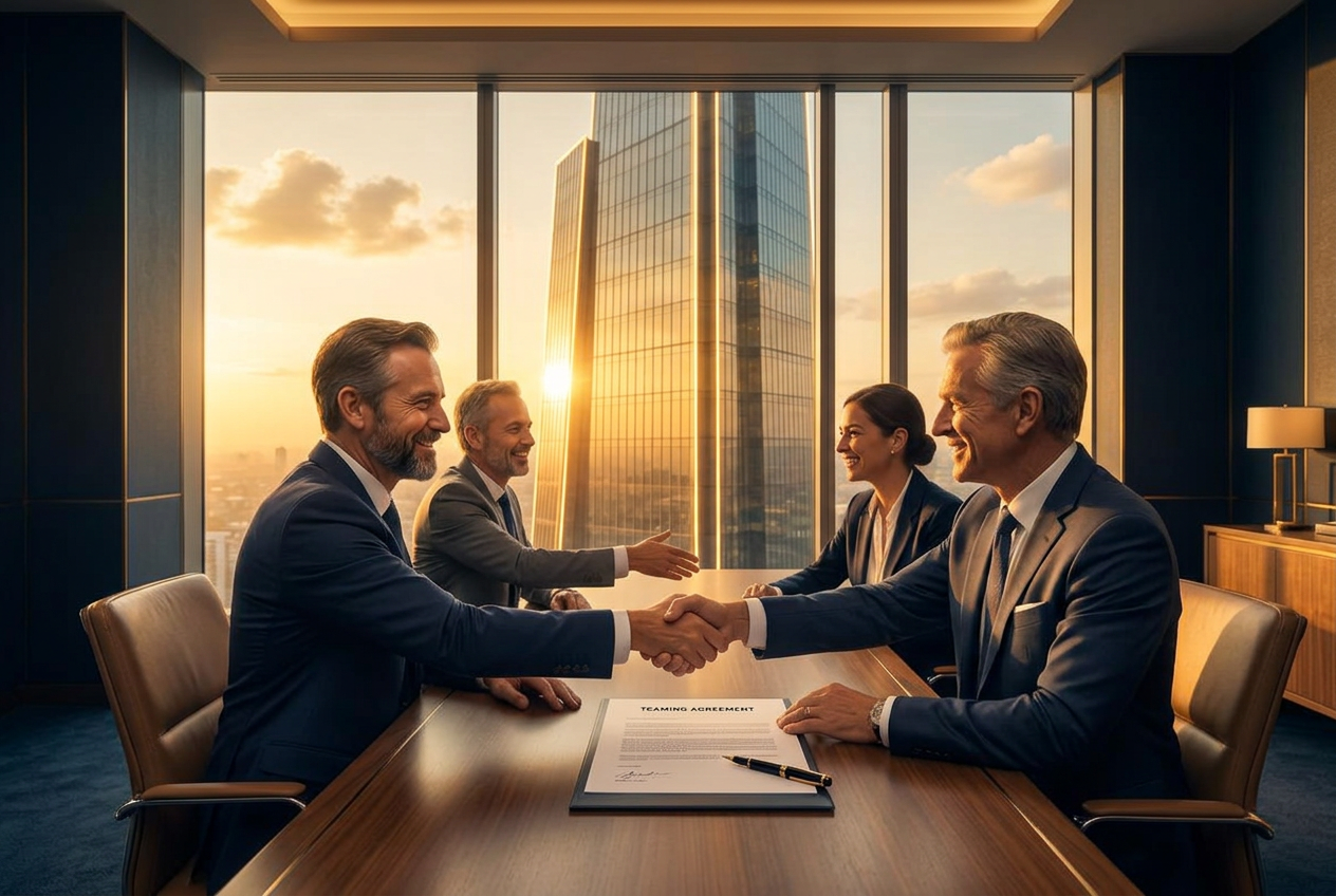 Small contractor and prime contractor executives shaking hands over a teaming agreement