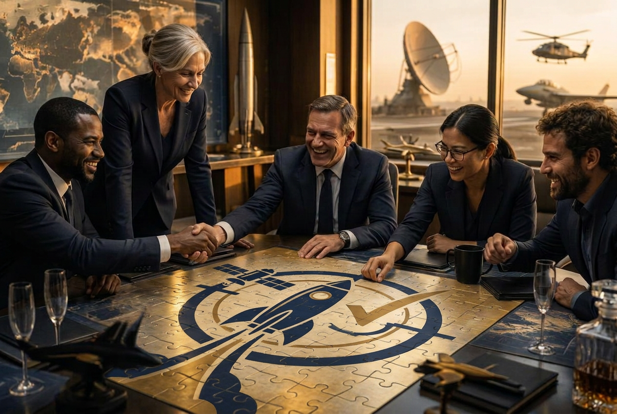 Executives celebrating around a table of assembled puzzle pieces