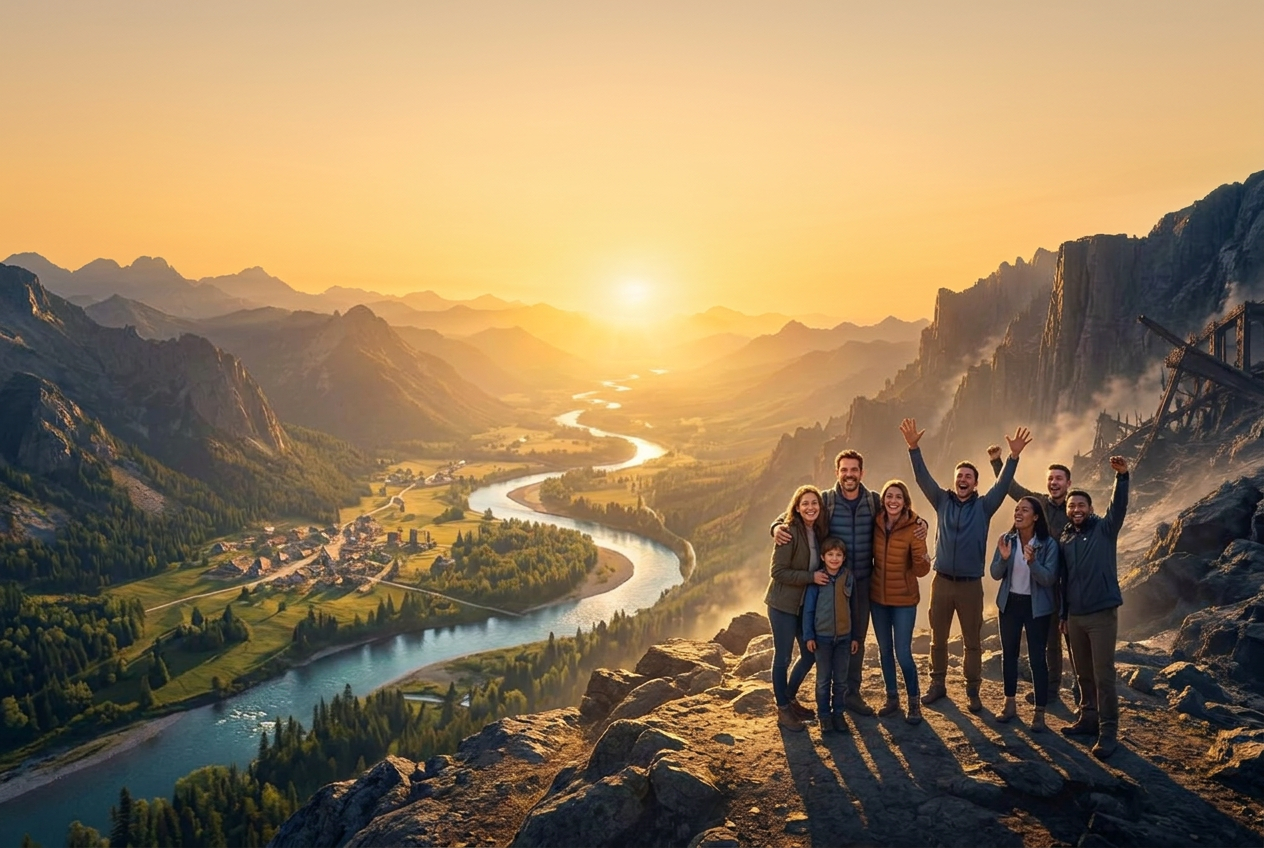 A founder, family and team celebrating on a sunlit summit